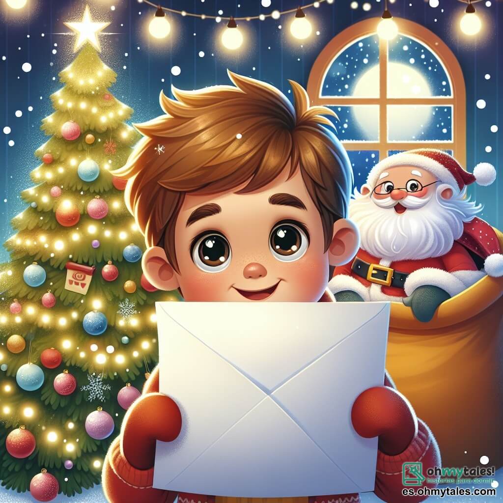 Une illustration destinée aux enfants représentant un garçon avec de grands yeux curieux et une sonrisse malicieuse, qui envoie une lettre à Papa Noël, avec en arrière-plan un arbre de Noël scintillant et des flocons de neige tourbillonnant dans une maison chaleureuse et décorée pour les fêtes.