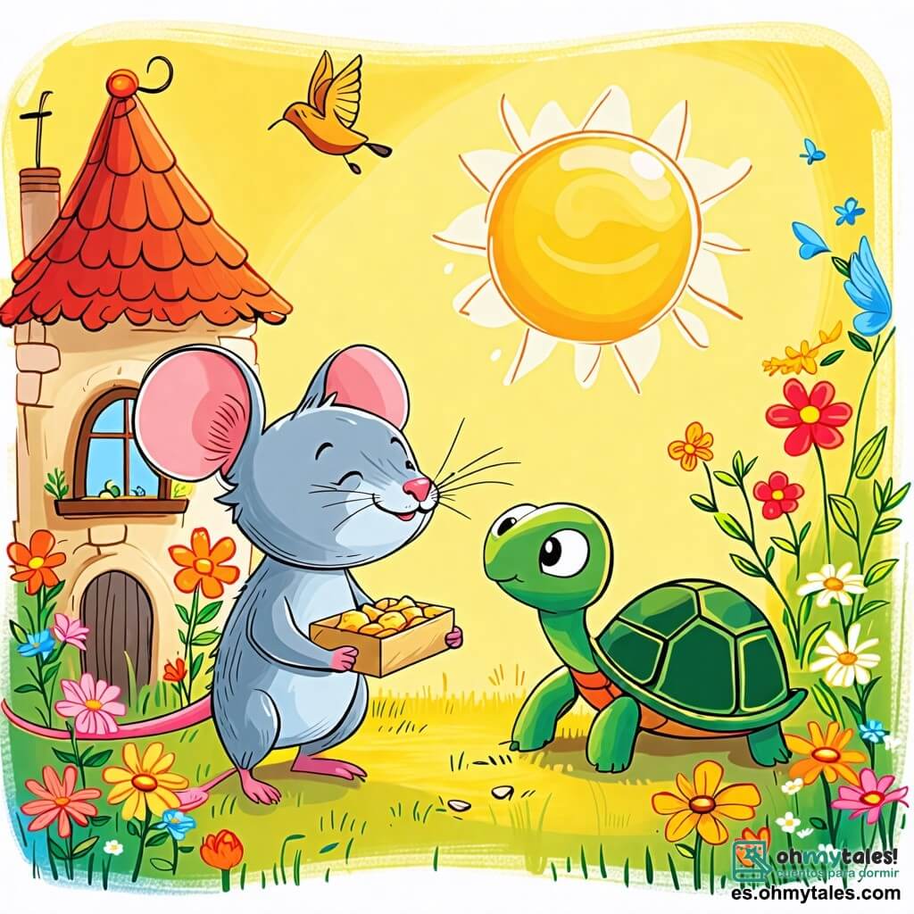 Une illustration sous forme de dessin destinée aux enfants représentant un jardin ensoleillé avec des fleurs colorées et une petite maison en fromage, où un rat malicieux avec de grandes oreilles et un sourire espiègle tient une boîte vide en riant, tandis qu'une tortue au carapace verte et aux yeux curieux s'approche lentement, intriguée par la blague du rat, créant une atmosphère joyeuse et amusante.