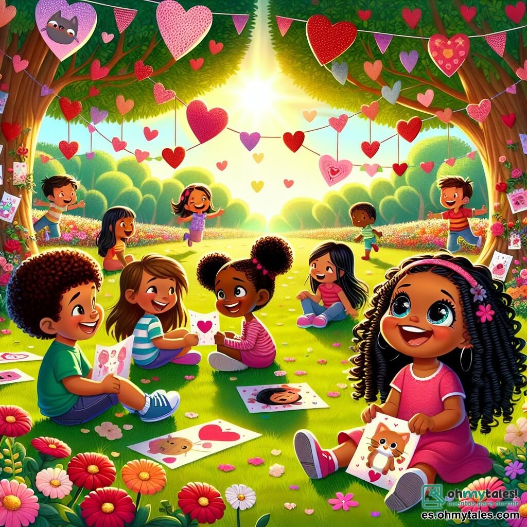 Ilustración que representa un parque soleado, lleno de flores coloridas y grandes árboles con hojas verdes brillantes. En el centro, una niña de 5 años, con grandes ojos azules brillantes y cabello castaño rizado, sonríe alegremente. Está sentada en el césped, rodeada de tarjetas de San Valentín que ha creado, decoradas con dibujos de gatos y corazones. A su lado, otra niña de aproximadamente 5 años, con cabello negro y trenzas, ríe sosteniendo una tarjeta colorida. En el fondo, otros niños juegan y se divierten, algunos sosteniendo globos rojos y rosas. La atmósfera es festiva y alegre, llena de risas y amor, con corazones flotando en el aire para simbolizar la fiesta de San Valentín.