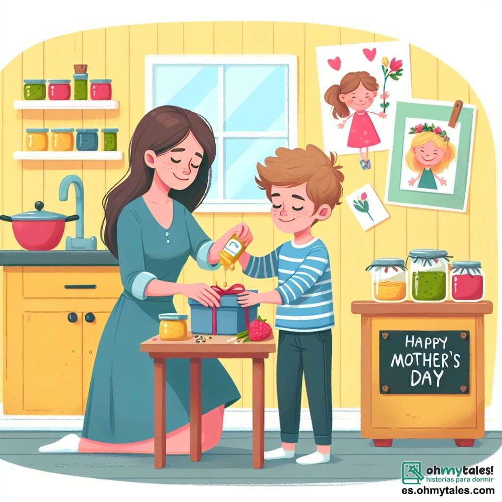 Une illustration destinée aux enfants représentant un petit garçon préparant un cadeau spécial pour sa maman pour la fête des mères, avec l'aide de sa maman, dans leur chaleureuse cuisine aux murs jaunes décorés de dessins d'enfants et de pots d'épices colorés.
