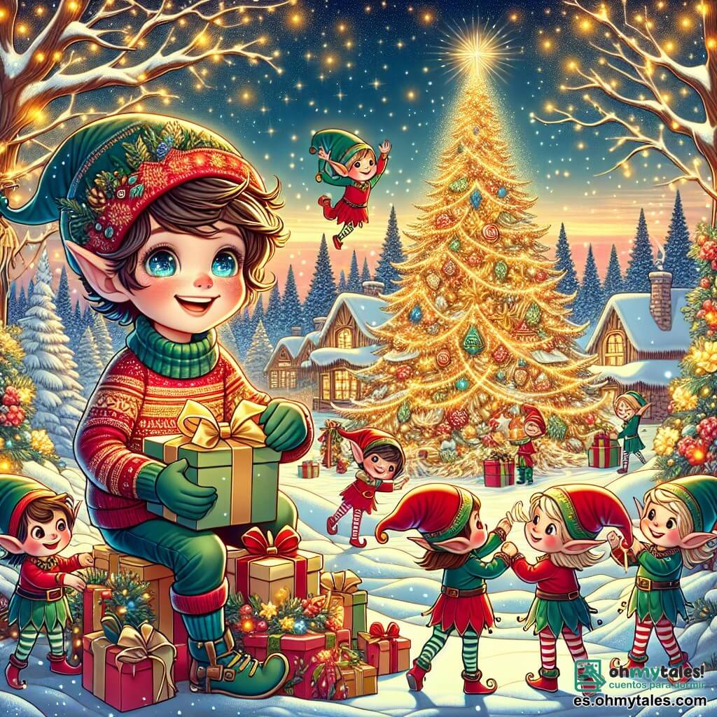 Une illustration sous forme de dessin destinée aux enfants représentant un paysage féerique de Noël, avec un grand arbre aux branches dorées et décorées de lumières scintillantes au cœur d'une forêt enneigée, où un garçon de 11 ans aux cheveux bruns et aux yeux pétillants, vêtu d'un pull rouge et d'un bonnet en laine, s'active joyeusement à envelopper des cadeaux colorés avec des elfes aux oreilles pointues, habillés de costumes verts et rouges, qui dansent autour de lui, créant une atmosphère de magie et de camaraderie alors qu'ils préparent une grande fête de Noël.