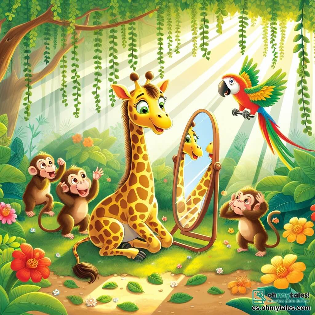Ilustración que representa un claro de selva soleado, lleno de follaje exuberante y flores coloridas, donde los rayos de luz filtran a través de las ramas de los árboles. En el centro, una jirafa de largo cuello, con manchas doradas y una mirada curiosa, se inclina hacia un espejo brillante en el suelo, riendo de su propio reflejo. A su lado, un grupo de pequeños monos de pelaje marrón y rostros traviesos se divierten haciendo muecas en el espejo, mientras un loro de plumas brillantes, rojo y verde, vuela alegremente a su alrededor. La escena irradia una atmósfera de alegría y camaradería, con risas que parecen casi visibles en el aire. Hojas caen suavemente a su alrededor, añadiendo un toque de magia a este momento divertido y cálido.