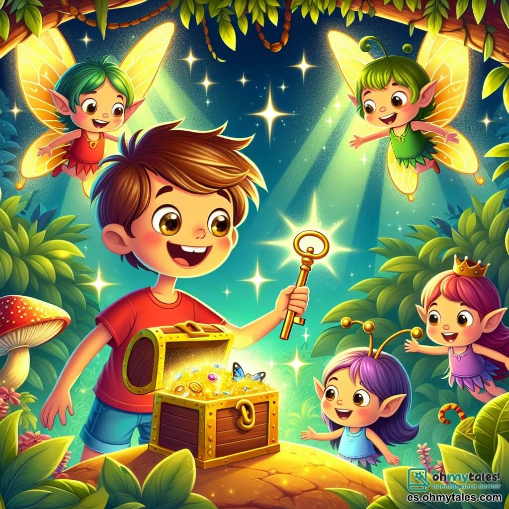 Une illustration sous forme de dessin destinée aux enfants représentant un jardin magique aux couleurs éclatantes, avec un garçon de 9 ans aux cheveux bruns et aux yeux pétillants, vêtu d'un t-shirt rouge et d'un short bleu, qui tient une clé dorée dans sa main tout en souriant avec émerveillement, entouré de trois petits duendes aux ailes de mariposa, l'un avec des cheveux verts et un chapeau pointu, un autre avec des cheveux violets et un sourire espiègle, et le dernier avec des cheveux orange et des lunettes rondes, tous observant un coffre ancien rempli de trésors scintillants, alors qu'ils se préparent à vivre une nouvelle aventure ensemble dans ce monde enchanteur.