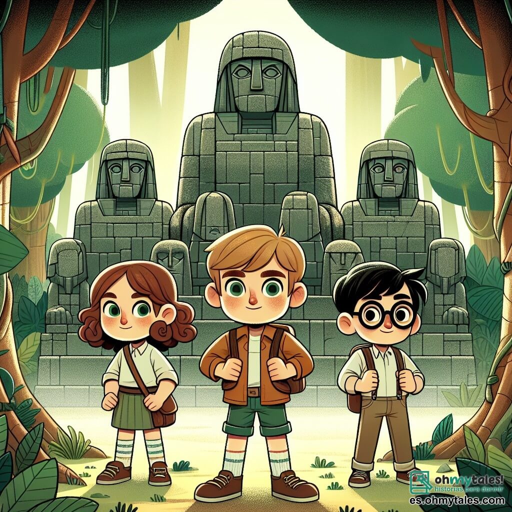 Une illustration destinée aux enfants représentant un petit garçon intrépide se tenant devant une série d'imposantes statues de pierre aux visages énigmatiques, accompagné de ses amis, une fille courageuse aux boucles brunes et un garçon malicieux aux lunettes rondes, dans la luxuriante et mystérieuse Selva Encantada, où la végétation foisonnante crée un monde magique et plein de secrets.