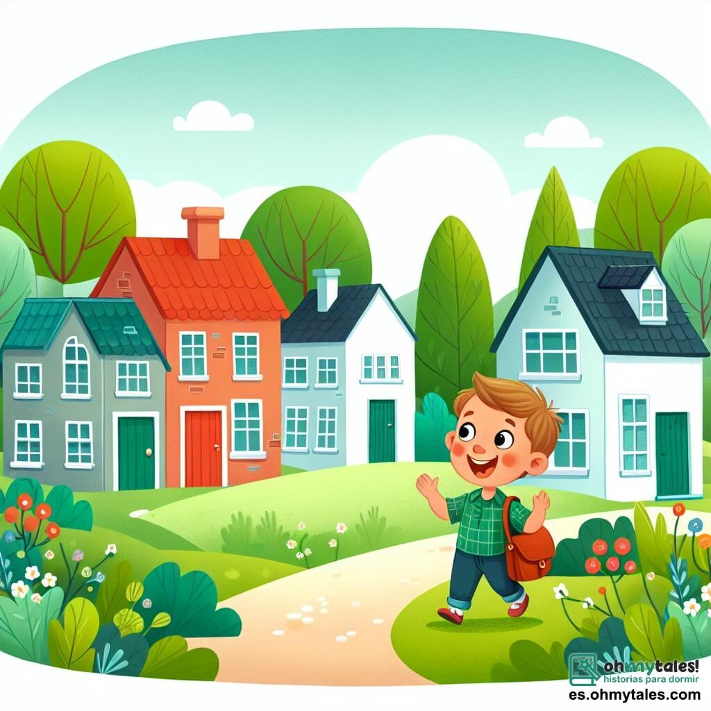 Une illustration destinée aux enfants représentant un petit garçon curieux et enthousiaste découvrant un nouveau voisin timide, dans un village paisible entouré de maisons colorées et d'un parc verdoyant.