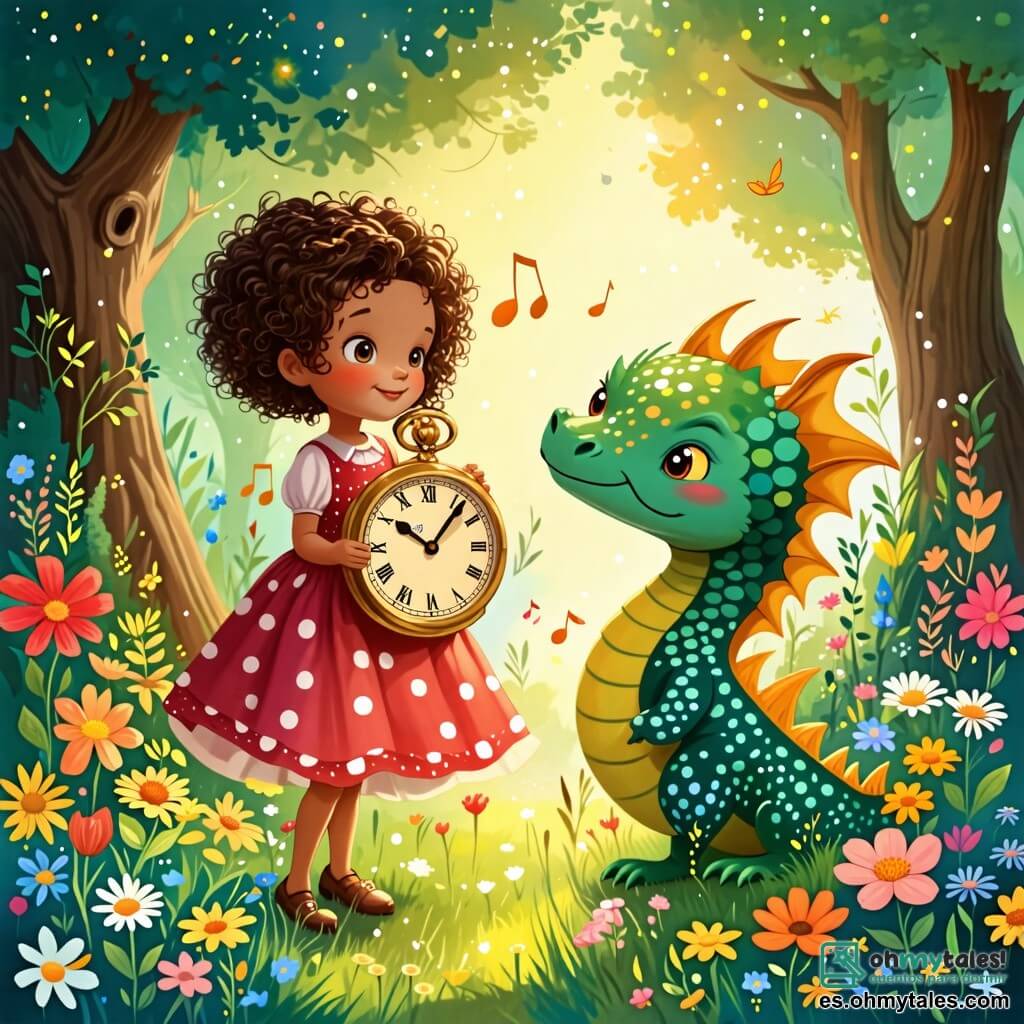 Une illustration sous forme de dessin destinée aux enfants représentant un jardin magique rempli de fleurs colorées et de grands arbres chantants, où une petite fille de 6 ans aux cheveux bouclés et aux yeux pétillants, vêtue d'une robe à pois, se tient avec un regard émerveillé, tenant un vieux réveil en or, tandis qu'un petit dragon vert aux écailles brillantes et aux yeux dorés, souriant, l'encourage à poursuivre sa quête pour retrouver le Cristal du Temps, le tout baigné dans une lumière douce et féerique.