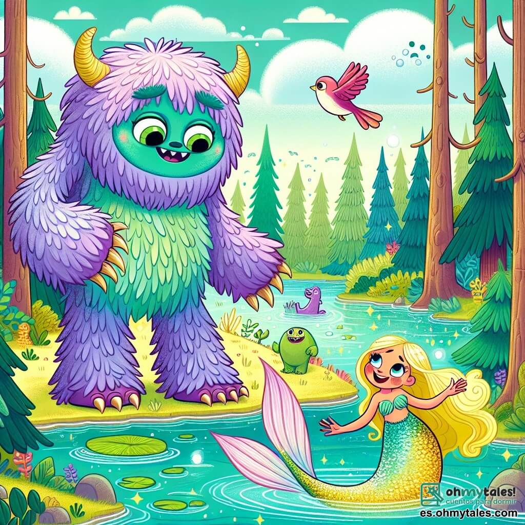 Une illustration sous forme de dessin destinée aux enfants représentant un vaste et enchanteur Bosque Susurrante, où un grand monstre amical, avec un pelage doux et pelucheux de couleur violette, de grands yeux verts brillants et des griffes délicates, se tient joyeusement au bord d'un lac scintillant, tandis qu'une sirène aux cheveux dorés et à la queue irisée, d'une beauté éclatante, émerge de l'eau pour l'encourager, et un petit oiseau aux plumes rouges et jaunes, perché sur une branche, les observe avec admiration, capturant l'instant où le monstre surmonte ses peurs et découvre le véritable trésor de l'amitié.