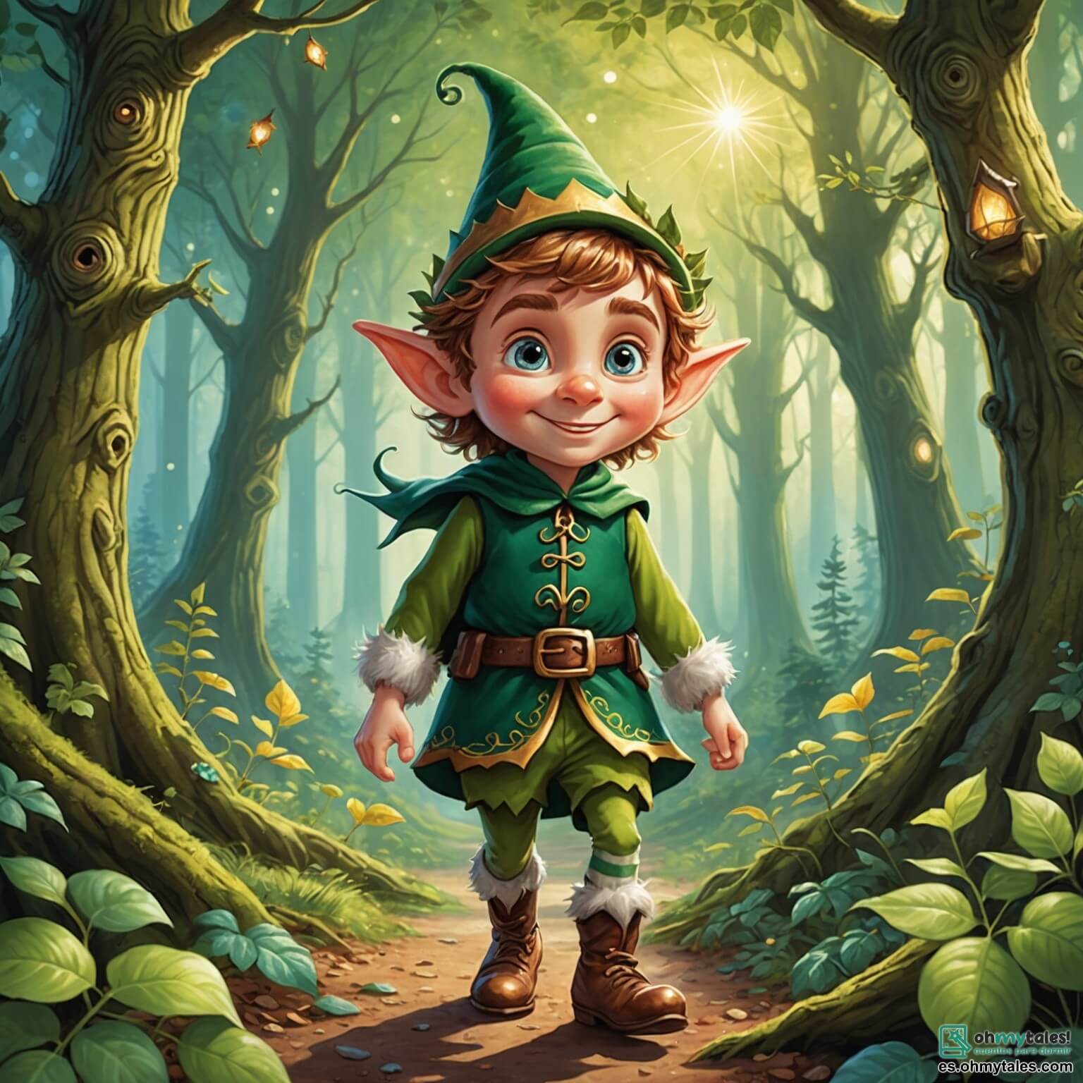 Une illustration destinée aux enfants représentant un lutin aux yeux pétillants et aux cheveux en désordre, espiègle et curieux, se lançant dans une aventure palpitante à travers un forêt enchantée où les arbres majestueux s'élèvent comme des géants, leurs feuilles scintillant de mille feux sous le doux soleil, tandis qu'un ami lutin, joyeux et farceur, l'accompagne dans cette quête magique.