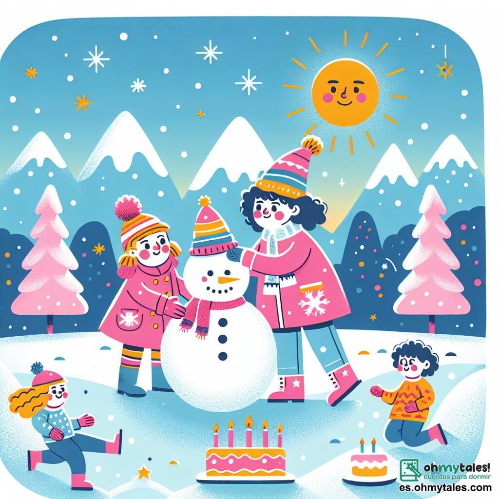 Une illustration sous forme de dessin destinée aux enfants représentant un parc enneigé, avec des montagnes en arrière-plan scintillant sous le soleil, où une petite fille de 3 ans aux cheveux bouclés et au manteau rose, souriante, construit un grand bonhomme de neige avec son ami, un garçon de 4 ans portant un gorro de clown coloré, tandis qu'un groupe d'enfants joue autour d'eux, tous entourés de flocons de neige tombant doucement et de gâteaux en forme d'étoiles posés sur une table à proximité, créant une atmosphère joyeuse et festive pour célébrer le Nouvel An.