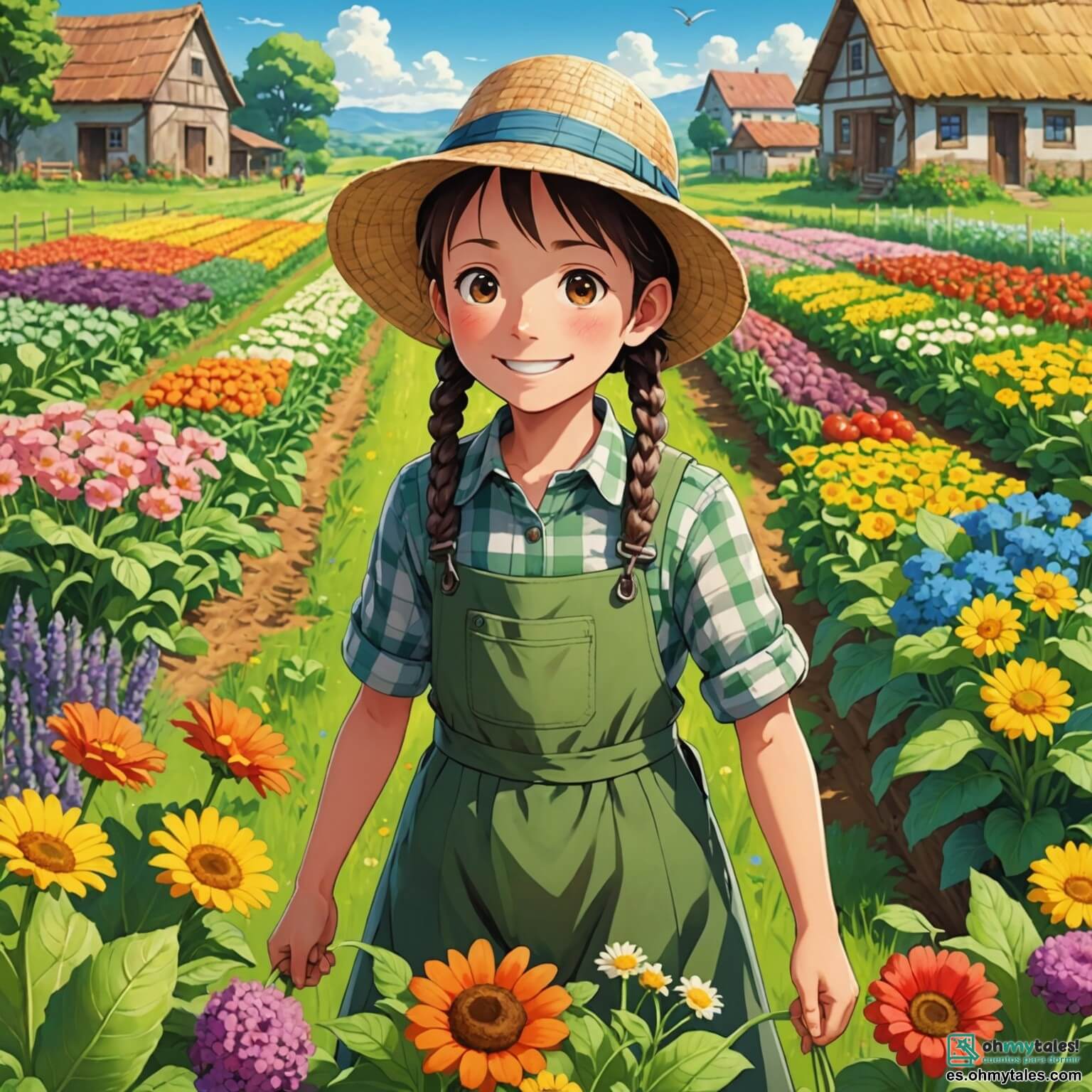 Une illustration destinée aux enfants représentant un homme au sourire chaleureux, vêtu d'une chemise à carreaux et d'un chapeau de paille, travaillant joyeusement dans un champ verdoyant, entouré de rangées de légumes colorés et de fleurs éclatantes, tandis qu'une petite fille curieuse, avec des nattes et une robe à fleurs, l'observe avec émerveillement, le tout se déroulant dans un paisible village ensoleillé où les oiseaux chantent et les papillons dansent autour des arbres fruitiers.