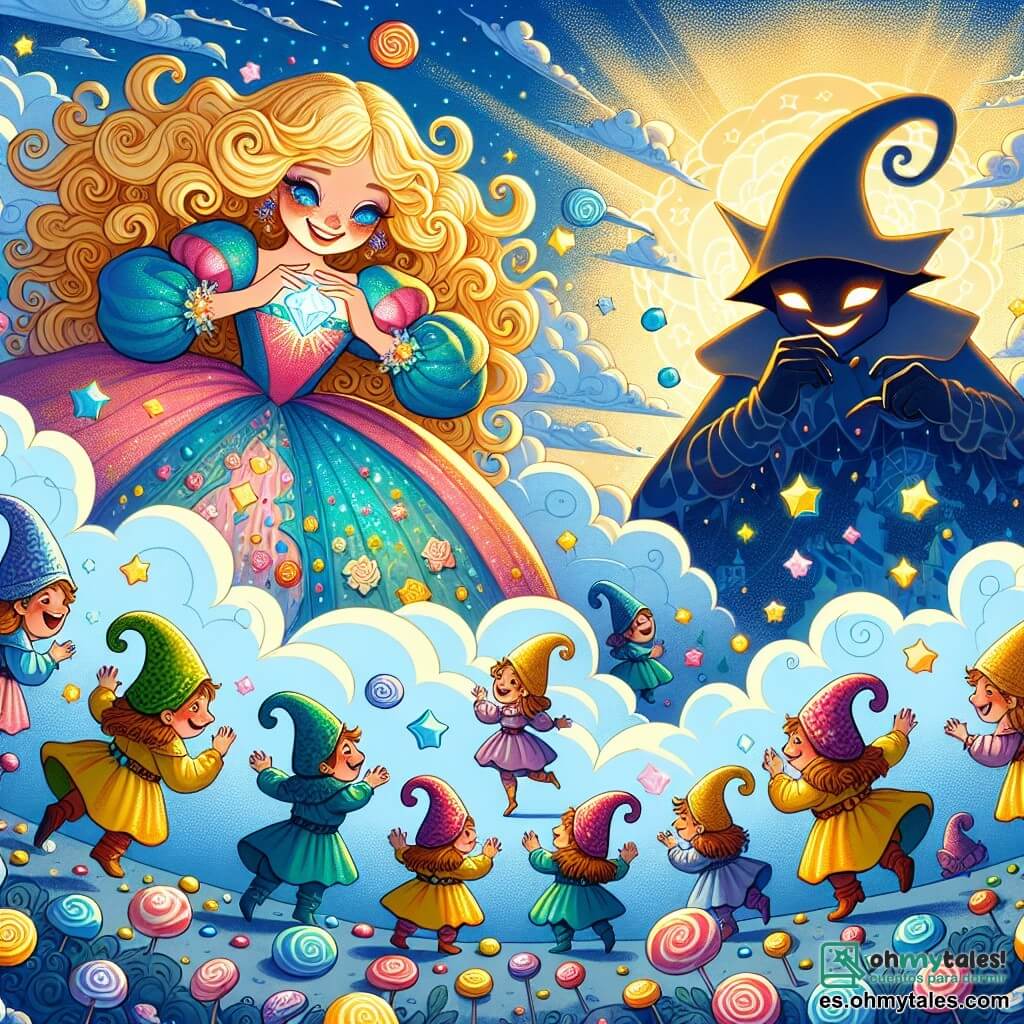 Une illustration sous forme de dessin destinée aux enfants représentant un vaste paysage féerique de Luminara, avec un ciel bleu éclatant et des nuages en forme de bonbons, où se tient une fille de 11 ans aux cheveux bouclés et dorés, vêtue d'une robe colorée, tenant une pierre brillante dans ses mains, entourée de petits duendes aux chapeaux pointus et aux visages souriants, qui dansent joyeusement autour d'elle, alors qu'elle se prépare à affronter une ombre menaçante qui s'approche, symbolisant la lutte entre la lumière et l'obscurité dans ce royaume magique.