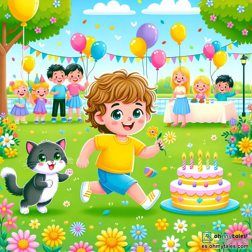 Une illustration sous forme de dessin destinée aux enfants représentant un parc ensoleillé rempli de fleurs colorées et de ballons flottants, où un petit garçon de 2 ans aux cheveux bouclés et aux yeux pétillants, souriant et portant un t-shirt jaune, joue joyeusement avec un petit chat gris aux yeux verts qui saute pour attraper une feuille, tandis que des amis et des membres de la famille, tous souriants, se rassemblent autour d'une grande table décorée avec un délicieux gâteau d'anniversaire aux bougies scintillantes.