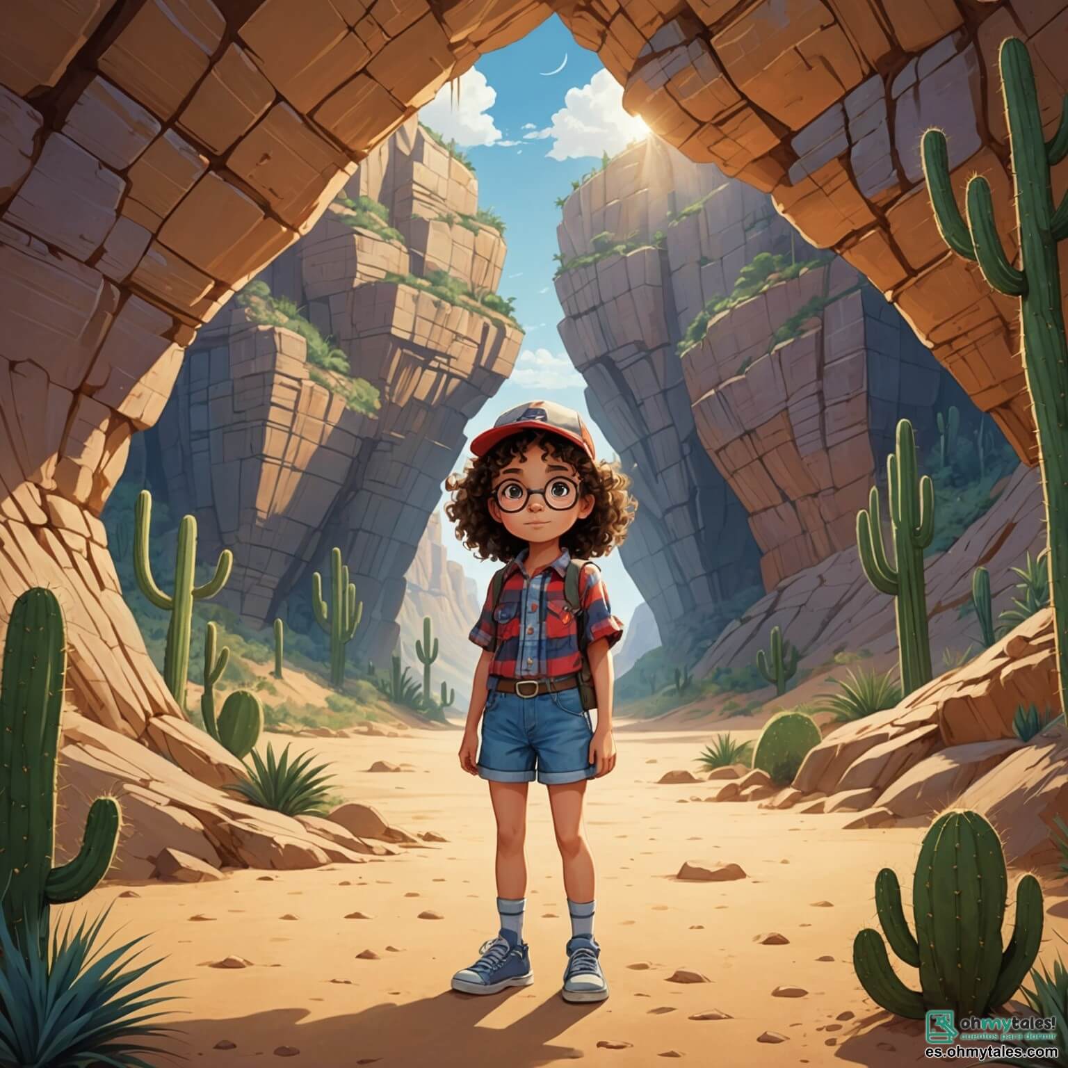 Une illustration destinée aux enfants représentant une petite fille aux cheveux bouclés et aux yeux pétillants, vêtue d'une chemise à carreaux et d'un short en denim, qui se tient courageusement devant une caverne mystérieuse aux parois scintillantes, entourée de dunes de sable doré et de cactus géants, tandis qu'un garçon aux lunettes rondes et à la casquette à l'envers, son fidèle ami, l'encourage à explorer ce monde enchanteur et rempli de secrets.