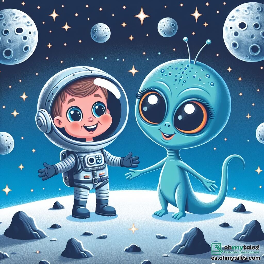 Une illustration destinée aux enfants représentant un astronaute courageux, un extraterrestre amical aux grands yeux brillants, échangeant un sourire complice sur une planète lointaine aux cratères argentés et aux rivières de cristal scintillant.