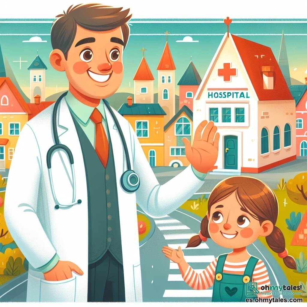 Une illustration destinée aux enfants représentant un médecin au sourire chaleureux, accompagné d'une petite fille curieuse, dans un charmant village avec des maisons colorées et un hôpital accueillant au toit rouge, où se déroulent des scènes de soins et d'entraide.