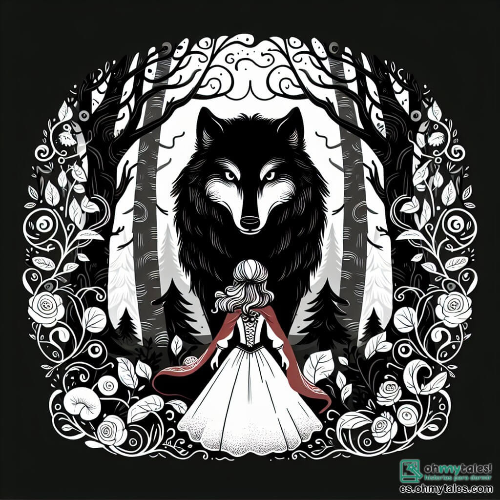 Une illustration destinée aux enfants représentant une jeune princesse courageuse, confrontée à un loup féroce dans un sombre et mystérieux bosquet enchanté.