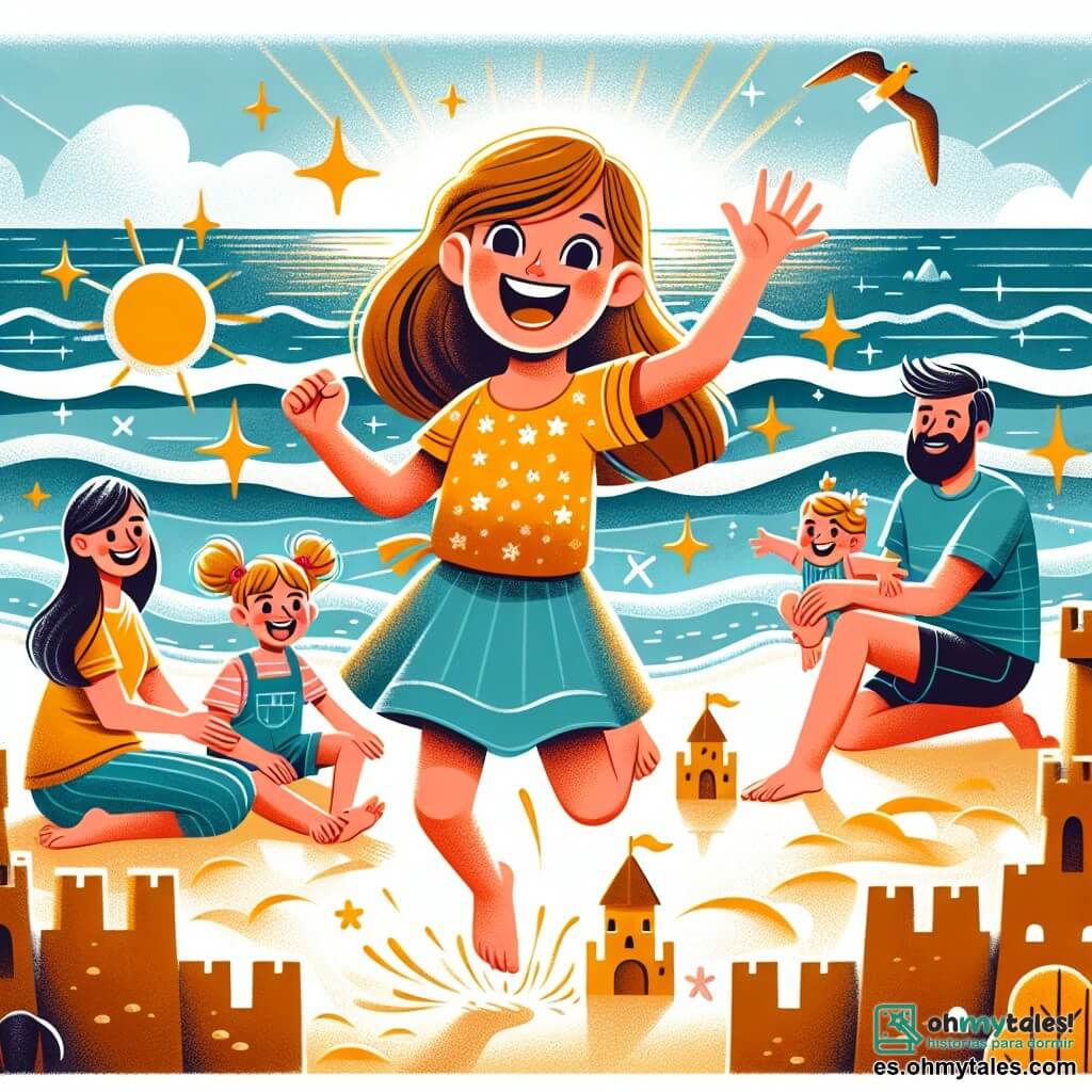 Une illustration destinée aux enfants représentant une jeune fille pleine d'enthousiasme, vivant des aventures passionnantes pendant ses vacances d'été à la plage, accompagnée de sa famille, entourée de châteaux de sable et des vagues rafraîchissantes de la mer scintillante.