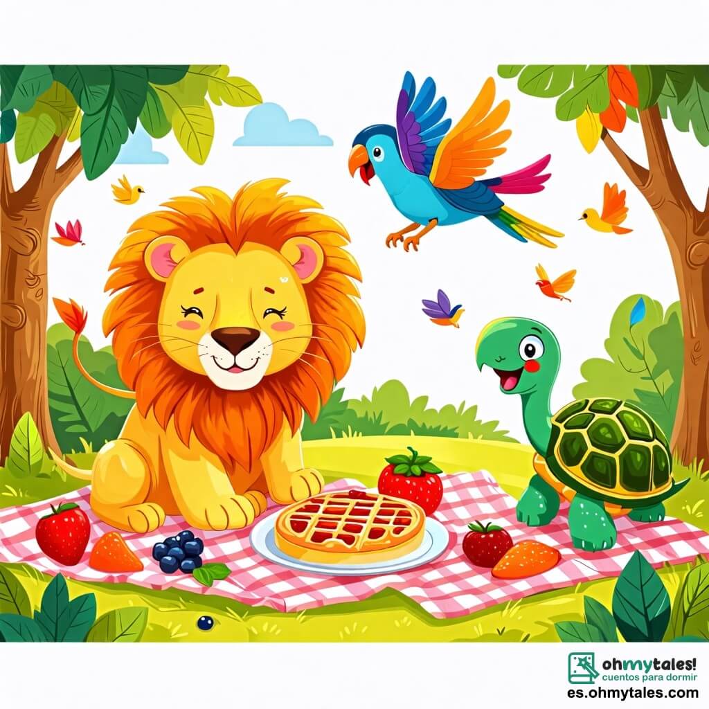 Une illustration sous forme de dessin destinée aux enfants représentant un charmant pique-nique dans une clairière ensoleillée d'une forêt, avec un lion aux grandes crinières dorées, assis joyeusement sur un grand tapis à carreaux, entouré de délicieuses gâteaux et de fruits colorés, tandis qu'une tortue au sourire doux et à la carapace verte se régale d'une gaufre, et un perroquet aux plumes éclatantes s'envolant joyeusement au-dessus d'eux, tous riant ensemble et partageant des histoires amusantes.