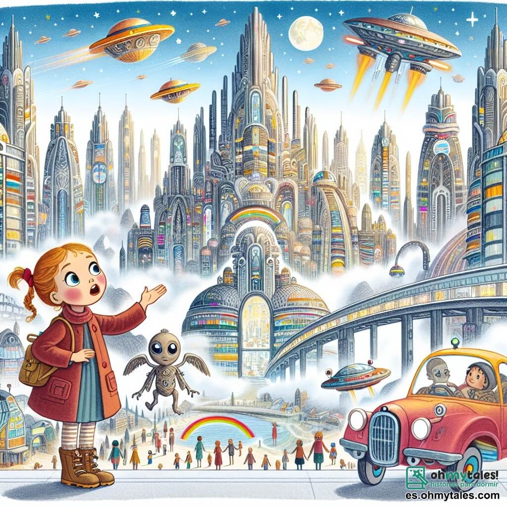 Une illustration destinée aux enfants représentant une petite fille curieuse et courageuse, faisant la rencontre d'un extraterrestre amical, dans la magnifique et technologique Ville de las Nubes, avec des édifices hauts comme des montagnes et des voitures volantes aux couleurs chatoyantes.