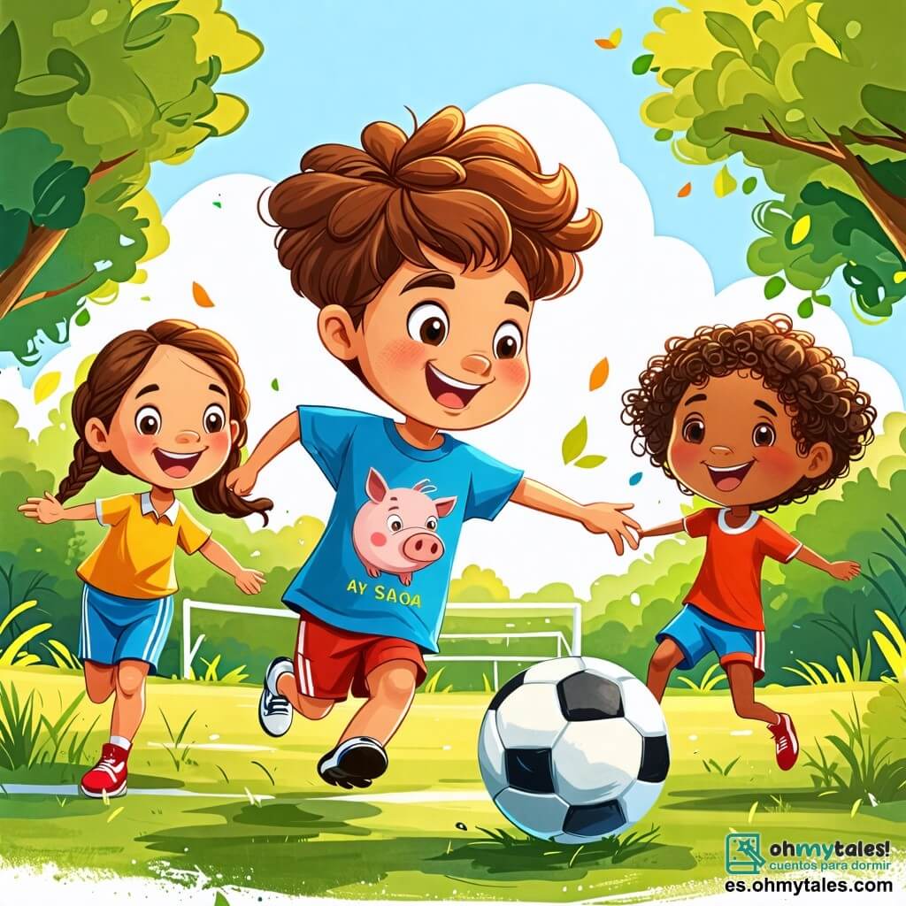 Une illustration sous forme de dessin destinée aux enfants représentant un parc ensoleillé avec des arbres verdoyants et un terrain de football, où un garçon de 10 ans, aux cheveux bruns et aux yeux pétillants, porte une t-shirt bleu avec un cochon en dessin et dribble un ballon de football avec enthousiasme, tandis qu'une fille de peau marron, aux cheveux crépus tressés, sourit en l'encourageant, et un garçon de peau dorée, aux cheveux courts, applaudit depuis le côté, illustrant la joie de l'amitié et de la diversité culturelle dans un moment de jeu collectif.
