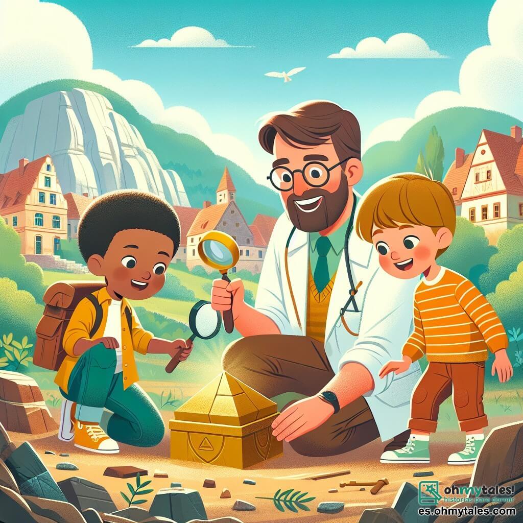 Une illustration destinée aux enfants représentant un arquéologue passionné, découvrant un ancien artefact avec l'aide de deux jeunes explorateurs curieux, dans un village pittoresque entouré de ruines antiques et de mystérieuses cavernes.