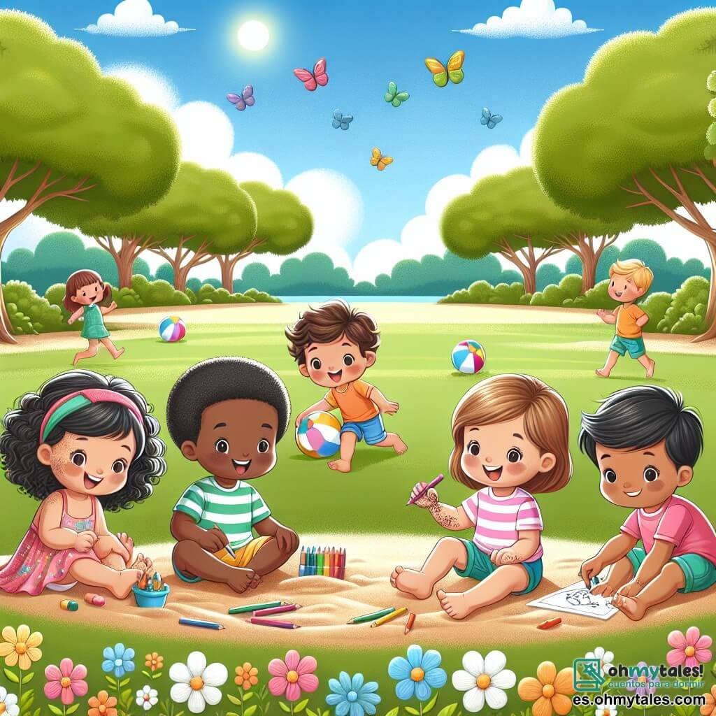 Ilustración que representa un parque soleado, con un gran campo verde salpicado de flores coloridas. A lo lejos, se ven majestuosos árboles y un cielo azul claro con algunas nubes blancas esponjosas. En esta escena, cuatro niños juegan juntos: una niña de cuatro años con cabello rizado y castaño, sonriente y llena de energía, que lleva un vestido colorido. A su lado, un niño de cuatro años con cabello corto y negro, con una camiseta a rayas y un short, que ríe mientras lanza una pelota. Otra niña, de cabello lacio y rubio, de origen europeo, vestida con una camiseta rosa, dibuja en la arena con lápices de colores. Finalmente, un niño de origen latinoamericano, con una pequeña esfera en su mano, sonríe tímidamente mientras sostiene una pelota, uniéndose a sus nuevos amigos. La situación principal muestra a los niños divirtiéndose juntos, ilustrando la tolerancia y la amistad. Dibujos coloridos en la arena, risas y gestos de ayuda son visibles, creando una atmósfera alegre y acogedora. Mariposas y pájaros vuelan a su alrededor, añadiendo un toque de magia a este momento de inclusión y felicidad compartida.