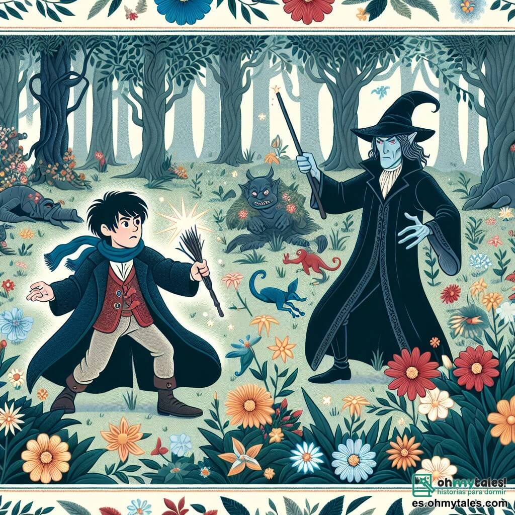 Une illustration destinée aux enfants représentant un jeune sorcier aux cheveux ébène, affrontant un hechicero malvado avec l'aide de son oncle bienveillant, dans le bosque encantado de Nimbora, rempli de fleurs de toutes les couleurs et de créatures magiques.