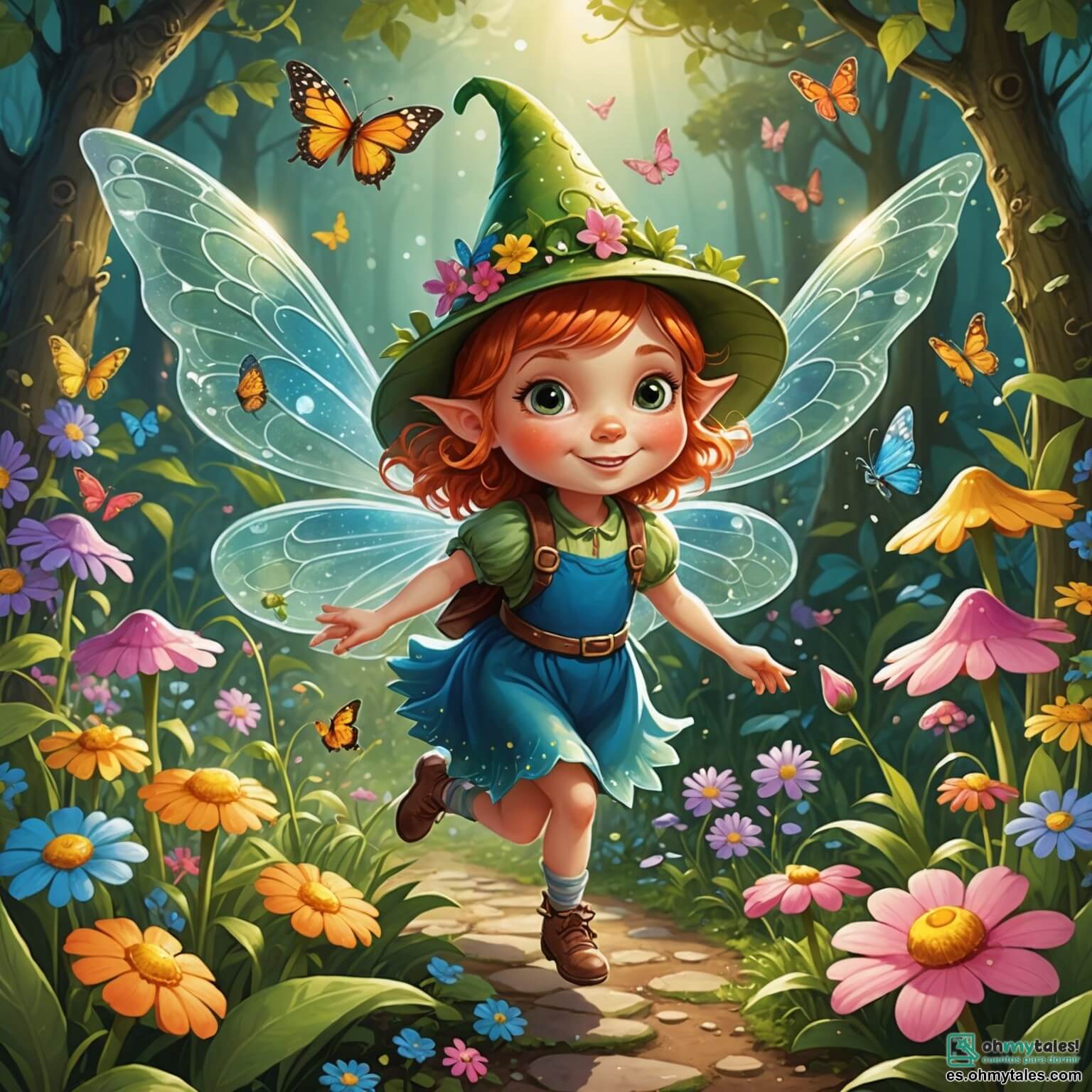 Une illustration destinée aux enfants représentant une petite fée espiègle aux ailes scintillantes comme des gouttes de rosée au matin, flottant joyeusement dans un jardin enchanté où les fleurs dansent au rythme du vent et où les papillons colorés virevoltent autour d'elle, alors qu'elle tente de résoudre un mystère amusant avec l'aide d'un drôle de gnome au chapeau trop grand qui lui ressemble un peu, tout en évitant les farces d'un chat malicieux aux yeux pétillants qui se cache derrière un buisson de fleurs multicolores, le tout baigné dans une lumière dorée qui illumine les feuilles des arbres majestueux et les ruisseaux scintillants qui serpentent à travers ce paysage féerique.