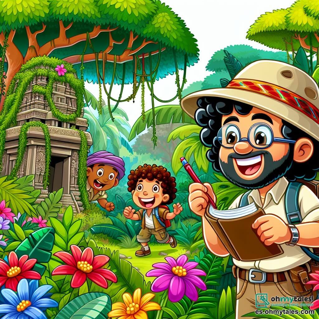Une illustration sous forme de dessin destinée aux enfants représentant une jungle luxuriante et colorée, avec des arbres gigantesques et des fleurs éclatantes, où un homme au visage souriant, portant un chapeau d'explorateur et une chemise à manches courtes, observe avec émerveillement un ancien temple couvert de lianes, tandis qu'un jeune garçon aux cheveux bouclés et aux lunettes, tenant un carnet et un crayon, prend des notes avec enthousiasme, alors qu'ils se cachent derrière des buissons pour échapper à un groupe de chasseurs qui s'approchent, créant une atmosphère de mystère et d'aventure.