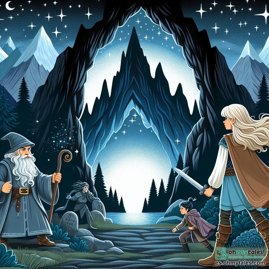 Une illustration destinée aux enfants représentant une jeune femme intrépide se tenant devant l'entrée sombre et mystérieuse d'une ancienne grotte, accompagnée d'un sage magicien âgé, dans un royaume enchanté appelé Luminia, où les Montagnes Azules s'élèvent majestueuses dans le ciel étoilé.