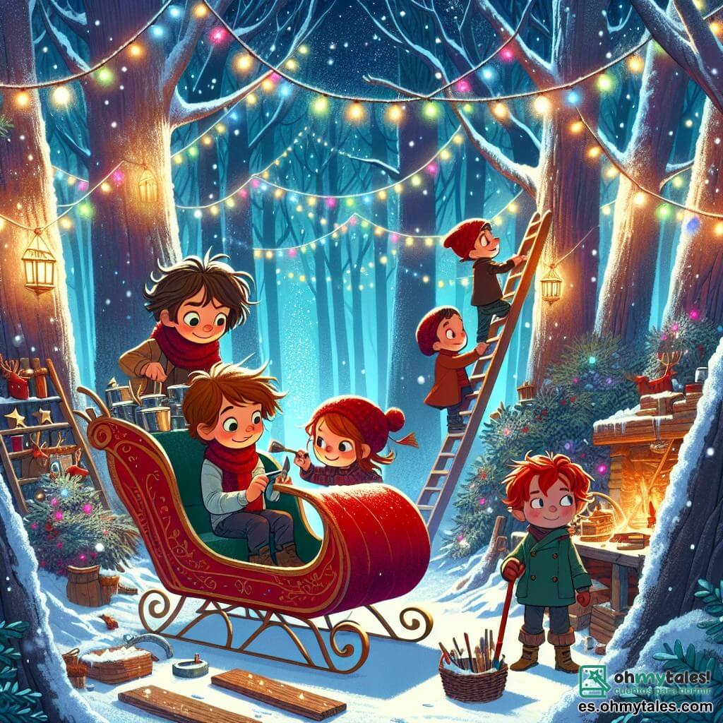 Ilustración que representa un taller secreto en un bosque encantado, donde majestuosos árboles de troncos gruesos se elevan hacia el cielo, cubiertos de nieve brillante. Guirnaldas luminosas de colores decoran las ramas, creando un ambiente cálido y mágico. En el centro, un niño de nueve años, con el pelo castaño desordenado y ojos chispeantes, pinta un trineo rojo brillante, decorado con campanillas doradas. A su lado, una niña de cabello rojo brillante, también de nueve años, utiliza herramientas para ajustar un sistema de vuelo, con el rostro concentrado y decidido. Otro niño, de diez años, de gran estatura y con una sonrisa radiante, levanta una tabla de madera, mostrando su fuerza. Por último, un niño de nueve años con una muleta observa con una mirada valiente, listo para dar ideas. La escena muestra la efervescencia de la creación de un trineo mágico, listo para volar, mientras copos de nieve caen suavemente a su alrededor, añadiendo un toque de fantasía a la atmósfera. Estrellas brillan en el cielo nocturno, y el entusiasmo de los niños se refleja en sus rostros, capturando el espíritu de la Navidad y la amistad.