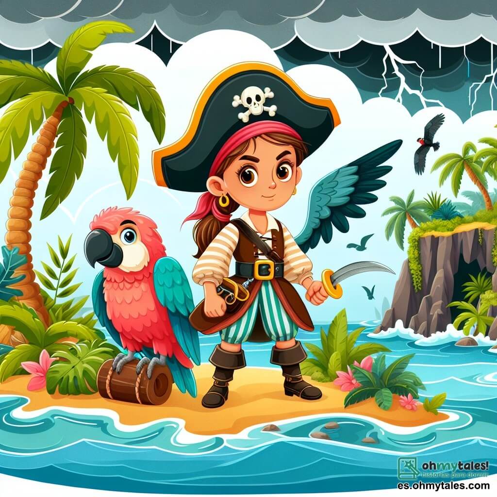 Une illustration destinée aux enfants représentant une capitaine pirate courageuse et déterminée, accompagnée de son fidèle perroquet, explorant une île mystérieuse aux palmiers touffus, aux grottes cachées et aux tempêtes tumultueuses.