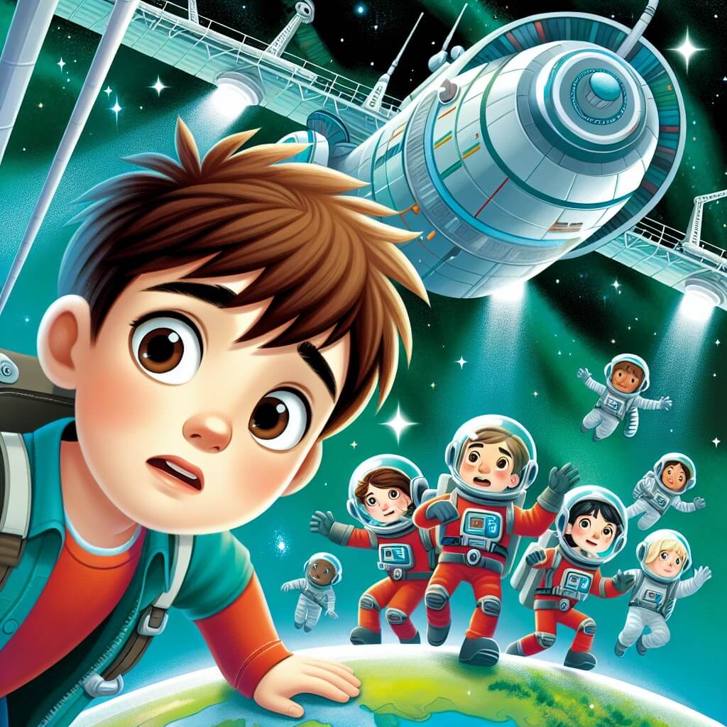 Une illustration destinée aux enfants représentant un jeune homme aux cheveux bruns et aux yeux curieux, qui se retrouve dans une situation périlleuse lors d'un voyage spatial, accompagné d'un équipage d'astronautes, sur une immense et scintillante navette spatiale qui vole au-dessus d'une Terre bleue et verdoyante.