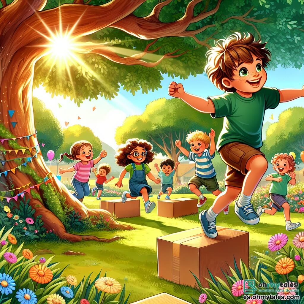 Ilustración de un parque soleado, lleno de vegetación brillante, con un gran roble en el centro, cuyas ramas extendidas ofrecen sombra. En el suelo, alfombras de flores coloridas y niños jugando alegremente. 

Un niño de 10 años, con cabello castaño despeinado y una sonrisa radiante, corre con determinación, brazos adelante, listo para saltar un obstáculo de cartón. A su lado, una niña de 9 años, con cabello rizado y gafas, lo anima con entusiasmo, levantando los brazos. Otro niño de 10 años, con cabello rubio y ojos brillantes, salta sobre una caja, mientras una niña de 9 años, con trenzas y una camiseta colorida, aplaude y sonríe, llena de energía.

La escena captura el momento en que los niños participan en una carrera de obstáculos, cada uno superando sus propios desafíos con alegría y camaradería. Globos de colores flotan en el aire y risas resuenan a su alrededor, simbolizando la confianza en sí mismos y la amistad.