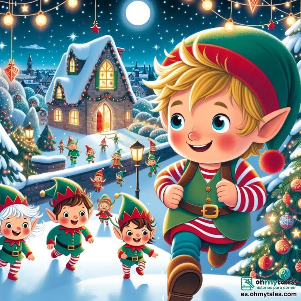 Une illustration destinée aux enfants représentant un garçon curieux vivant une aventure magique en compagnie de petits lutins dans un village scintillant de lumières et de décorations de Noël.