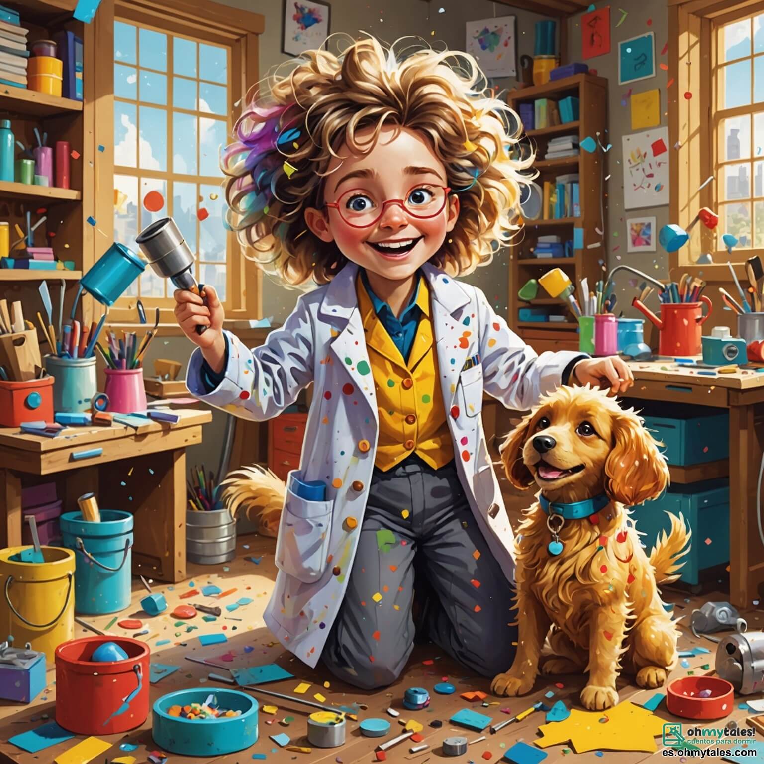 Une illustration destinée aux enfants représentant une inventrice excentrique aux cheveux ébouriffés, vêtue d'une blouse colorée pleine de taches de peinture, qui se débat joyeusement avec sa "Machine de Rires Instantanées" dans un atelier flamboyant débordant d'outils scintillants, de gadgets farfelus et de papiers volants, tandis qu'à ses côtés, un chien rusé à la fourrure dorée, son fidèle compagnon, observe la scène avec des yeux pétillants d'intelligence et d'espièglerie, le tout se déroulant dans un petit village ensoleillé où les maisons aux façades pastel se mêlent à des jardins fleuris de bonbons et de fleurs multicolores.