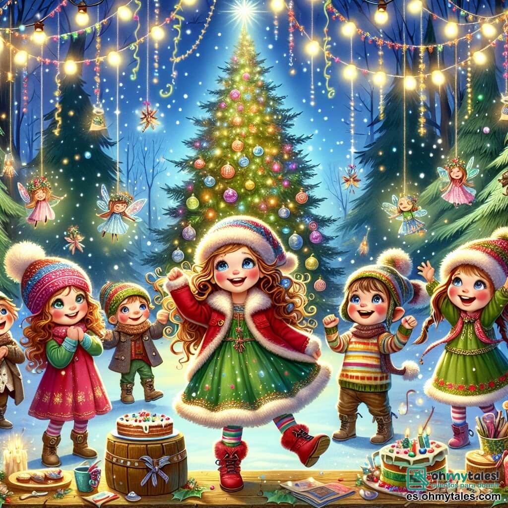 Ilustración que representa un claro de bosque encantado, iluminado por guirnaldas centelleantes y copos de nieve que caen suavemente. En el centro, un gran árbol de Navidad decorado con bolas coloridas y luces brillantes, rodeado de criaturas mágicas como duendes y hadas con alas brillantes. Tres niños están presentes: una niña de seis años con grandes ojos brillantes y cabello rizado, vistiendo un abrigo rojo y un gorro de lana, que sonríe alegremente mientras sostiene un perchero decorado. A su lado, otra niña de seis años, con cabello largo y liso, vestida con un vestido verde, que baila levantando los brazos, llena de entusiasmo. Finalmente, un niño de siete años, con cabello corto y un suéter a rayas, que ríe mientras sostiene una gran tarjeta de felicitación decorada con dibujos coloridos. La escena muestra a los niños celebrando la magia de la Navidad, rodeados de criaturas encantadas, compartiendo risas y alegría, con pasteles y golosinas dispuestos en mesas de madera. Estrellas brillan en el cielo nocturno, añadiendo un toque de magia a esta fiesta festiva.