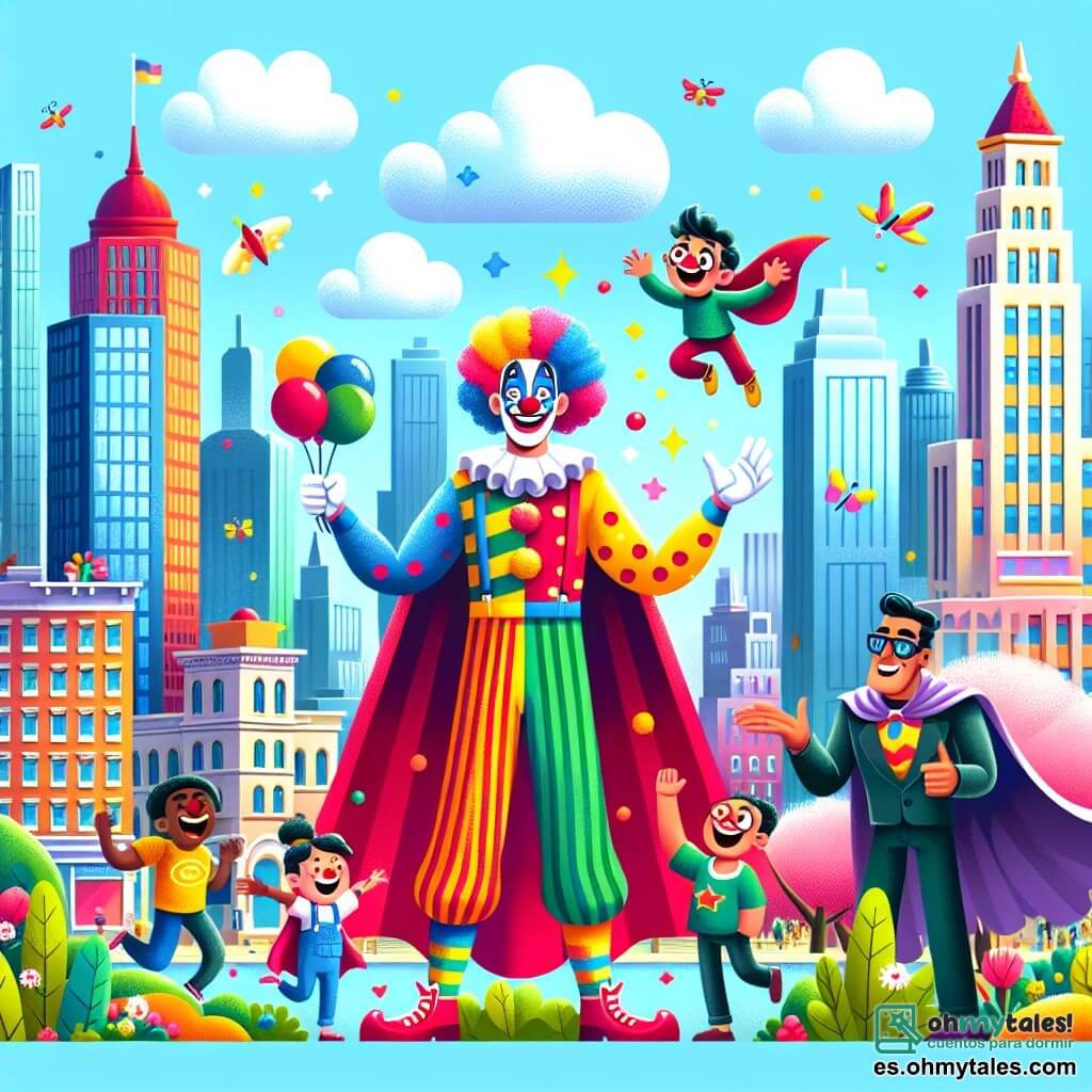 Ilustración que representa una escena colorida en una ciudad animada, con edificios de colores vivos, árboles en flor y nubes esponjosas en un cielo azul claro. En el centro, un hombre de rostro jovial y sonriente, vestido con un ridículo traje de superhéroe: un disfraz de payaso multicolor con rayas y lunares, una gran capa brillante como un arcoíris y enormes zapatos rojos. Baila alegremente, con los brazos en alto y una expresión de felicidad en su rostro. A su lado, un joven de unos 25 años, con cabello rizado y una capa ondeante, que puede volar y hace formas divertidas con las nubes. Se ríe al mirar al hombre del disfraz de payaso, añadiendo un toque de magia a la escena. Al fondo, el villano, un hombre alto y delgado con gafas de sol, ríe mientras sostiene una gran bolsa llena de deliciosos pasteles que caen a su alrededor. La escena está llena de pasteles coloridos que caen del cielo, creando una atmósfera alegre y cómica. Niños ríen y aplauden, sumando a la ambientación festiva de esta increíble aventura de superhéroes.