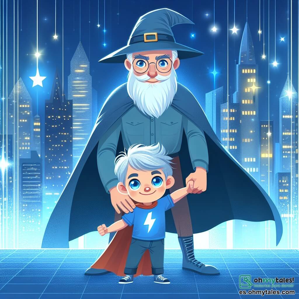 Une illustration destinée aux enfants représentant un jeune garçon aux yeux brillants de bleu, affrontant un méchant sorcier avec l'aide de son grand-père super-héros, dans une ville futuriste étincelante de lumières électriques.
