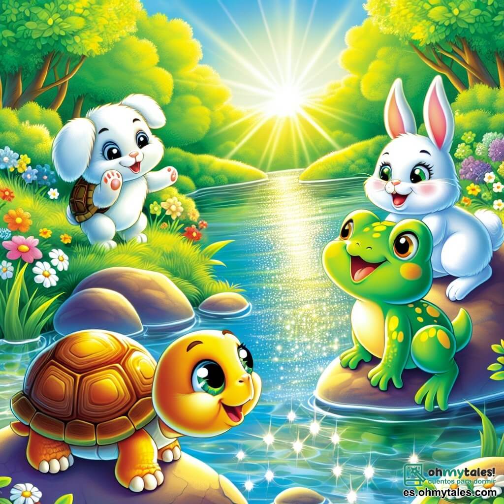 Illustration destinée aux enfants représentant une scène enchantée au bord d'un ruisseau scintillant, où l'eau claire reflète les rayons du soleil comme des milliers de diamants. Au premier plan, une tortue à la carapace brillante et dorée, avec de grands yeux curieux, se tient sur une pierre, souriant avec encouragement. À ses côtés, un petit lapin aux grandes oreilles, au pelage blanc et doux, saute joyeusement, tandis qu'une grenouille verte, avec des taches jaunes, s'apprête à faire un saut audacieux dans l'eau. L'atmosphère est joyeuse et pleine de couleurs vives, avec des fleurs sauvages et des arbres verdoyants entourant la scène, symbolisant l'amitié et le courage, alors que les trois amis célèbrent le nouveau talent de la grenouille.