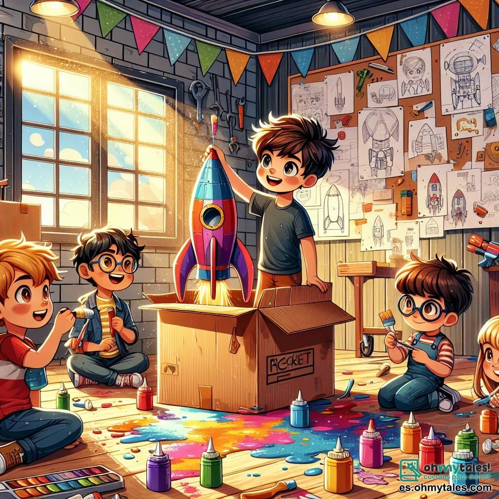 Ilustración que representa un garaje colorido, lleno de cajas de cartón, pinturas brillantes y herramientas. Las paredes están cubiertas de dibujos y planos de cohetes, mientras que la luz del sol filtra a través de una ventana, creando un ambiente cálido y acogedor. En el centro, un niño de ocho años, con cabello castaño desordenado y ojos brillantes de curiosidad, está inclinado sobre un cohete de cartón que ha construido con sus amigos. A su lado, una niña de nueve años, sonriente y llena de energía, está sentada en una silla de ruedas, sosteniendo un rodillo de pintura y añadiendo toques de color al cohete. Otro niño, de siete años, con cabello castaño y gafas, examina un plano con una expresión concentrada, mientras que un niño de ocho años, rubio y ágil, está listo para ayudar. La escena captura la emoción y la determinación del grupo mientras trabajan juntos para finalizar su proyecto de cohete. Salpicaduras de pintura colorida son visibles en el suelo, y risas y sonrisas iluminan sus rostros, simbolizando la confianza en sí mismos y el espíritu de equipo. En el fondo, carteles de ciencia y estrellas decoran las paredes, añadiendo un toque de imaginación a su aventura.