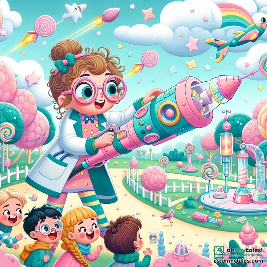 Une illustration sous forme de dessin destinée aux enfants représentant un parc enchanté de couleur pastel, avec des arbres en forme de bonbons et des nuages en coton de sucre, où une jeune femme aux cheveux ébouriffés et aux grandes lunettes, vêtue d'une blouse de laboratoire colorée, est en train de tester sa machine farfelue, la Cometífono 3000, entourée de plusieurs enfants aux expressions émerveillées, dont un garçon aux cheveux blonds qui tient une comète et une fille aux tresses qui rit en regardant la machine s'envoler dans les airs, tandis qu'un oiseau curieux se pose sur l'engin, ajoutant une touche de magie à cette scène joyeuse d'invention et de créativité.
