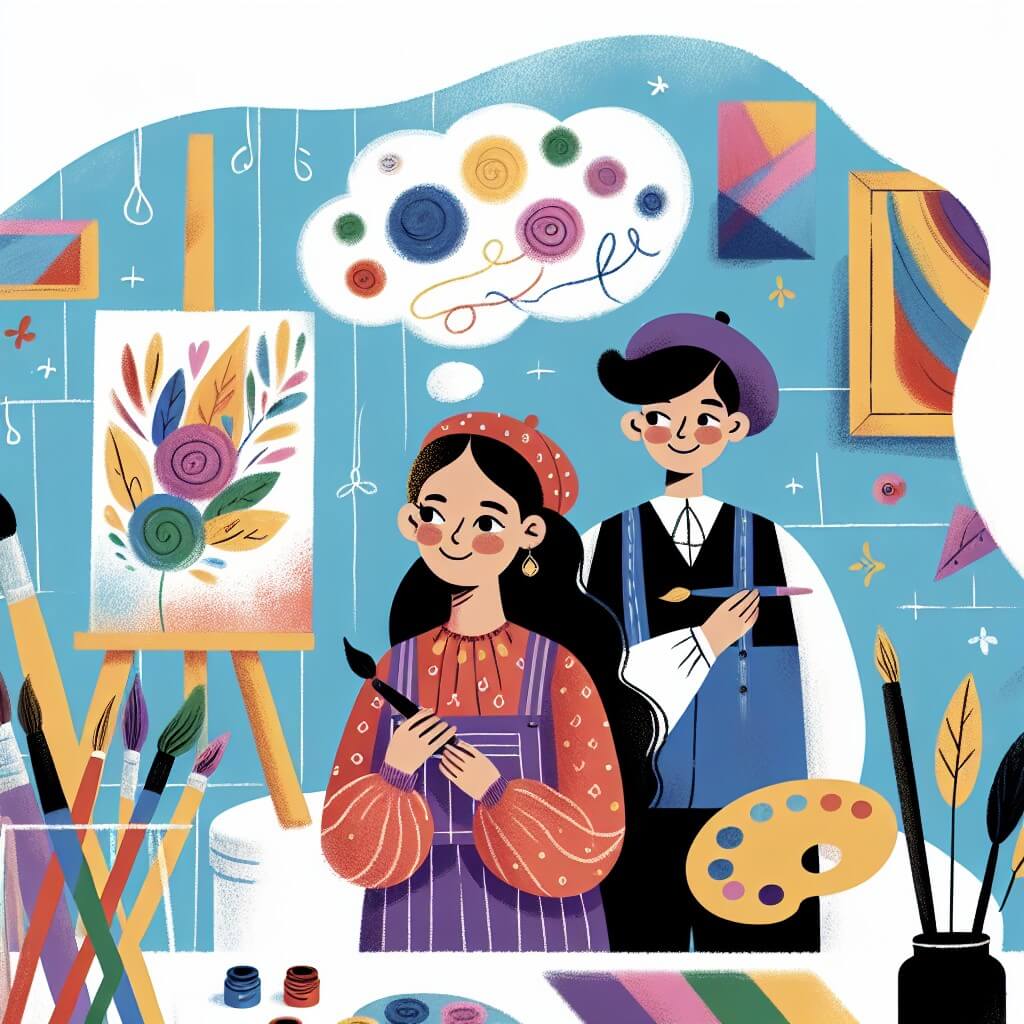 Une illustration destinée aux enfants représentant une artiste talentueuse, rêvant de partager sa créativité avec le monde, accompagnée de son mentor bienveillant, dans un atelier lumineux rempli de couleurs éclatantes et de toiles en attente d'être transformées en chef-d'œuvres.