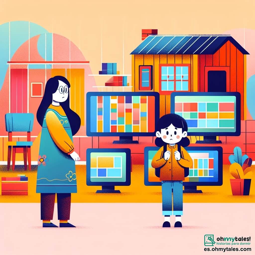 Une illustration destinée aux enfants représentant une fillette curieuse devant une multitude d'écrans lumineux, accompagnée de sa maman inquiète, dans une maison chaleureuse aux murs colorés et aux meubles en bois.