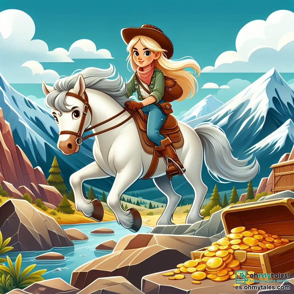 Une illustration destinée aux enfants représentant une jeune cow-girl intrépide chevauchant à travers les Montagnes Rocosas, accompagnée de son fidèle cheval blanc, à la recherche de la légendaire mine d'or perdue, dans un paysage sauvage et majestueux où les sommets enneigés se dressent contre un ciel azur.