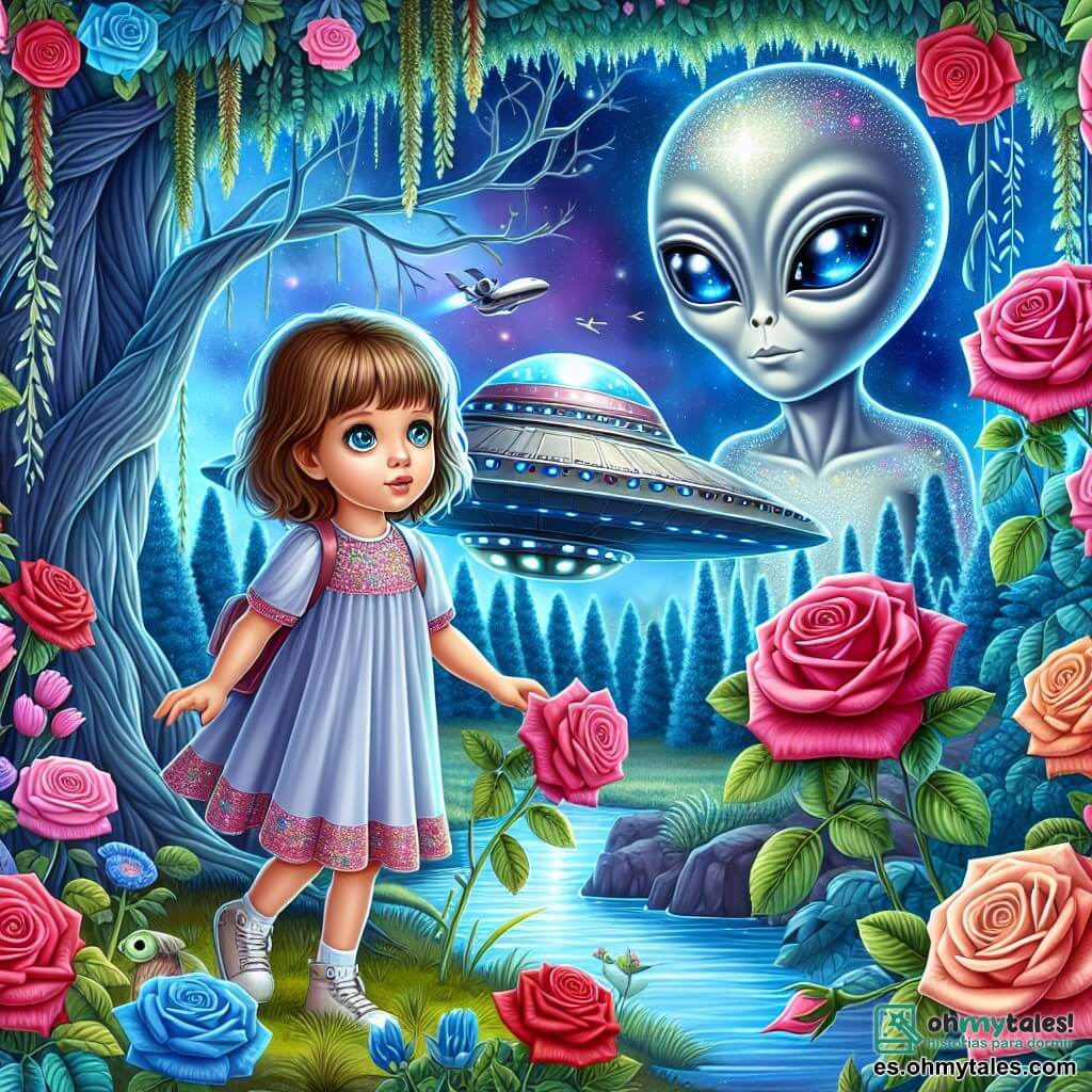 Une illustration destinée aux enfants représentant une petite fille curieuse découvrant une mystérieuse navette spatiale dans un jardin luxuriant rempli de roses aux couleurs vives, accompagnée par un extraterrestre bienveillant de genre masculin aux yeux brillants et à la peau scintillante, dans un monde lointain aux arbres azules et aux rivières d'un liquide argenté.