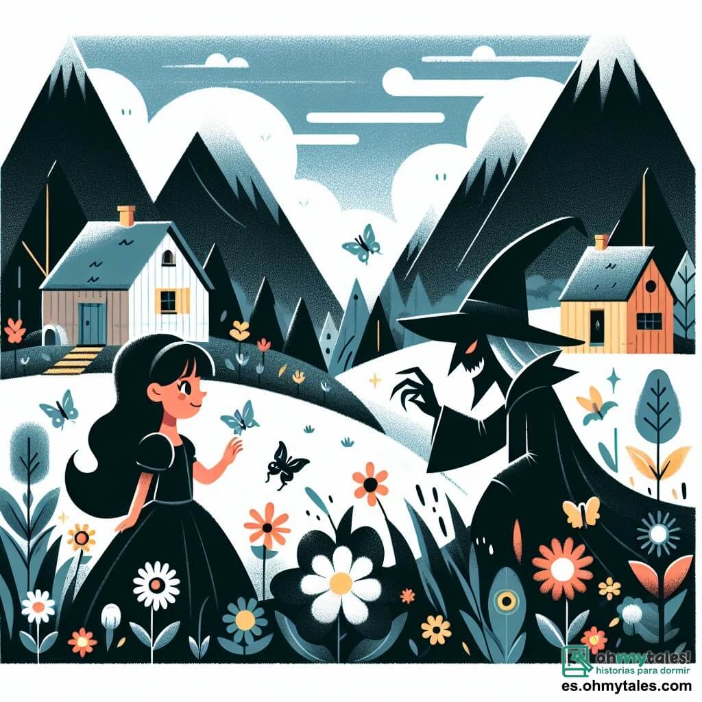 Une illustration destinée aux enfants représentant une jeune sorcière aux cheveux noirs comme la nuit, faisant face à un hechicero oscuro menaçant, dans un petit village caché entre les montagnes, où les fleurs dansent et les mariposas volent joyeusement.