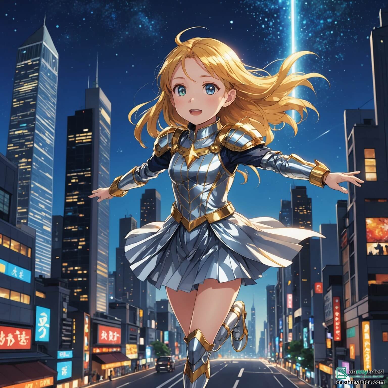 Une illustration destinée aux enfants représentant une jeune fille aux cheveux dorés scintillants, vêtue d'un costume argenté étincelant, qui vole dans le ciel azur au-dessus d'une ville lumineuse où les rues brillent comme des étoiles, tandis qu'un garçon courageux, son meilleur ami, l'encourage à affronter un mystérieux vilain enveloppé d'ombres menaçantes, le tout se déroulant dans la vibrante et colorée ville de Lumina, où les arbres émeraude dansent sous la brise et les bâtiments scintillent sous le soleil radieux.