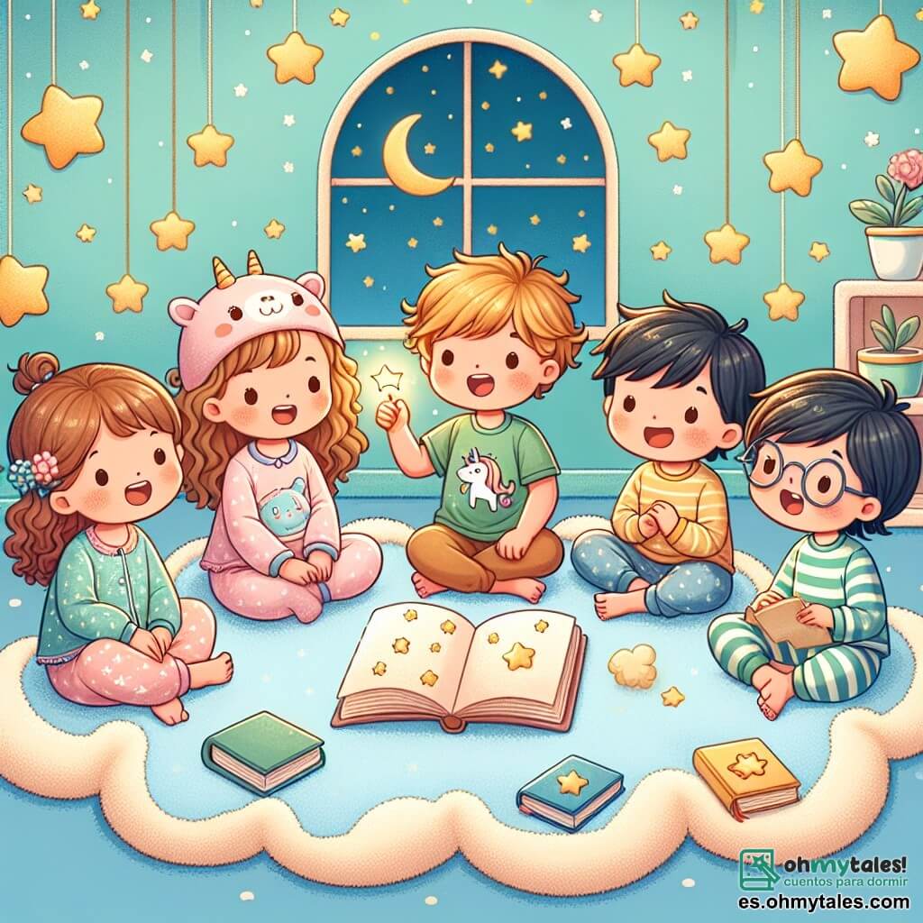 Ilustración que representa una habitación cálida y acogedora, con paredes pintadas de azul pastel y estrellas doradas pegadas al techo. En el centro, una alfombra suave en forma de nube invita a sentarse. Cinco niños de cinco años están reunidos: una niña de cabello rizado y castaño, vestida con un pijama rosa, sonríe alegremente sosteniendo una linterna pequeña; un niño de cabello rubio y liso, con una camiseta verde, cuenta una historia con gestos animados; una niña de cabello largo y negro, vestida con un pijama con motivos de unicornios, escucha atentamente, con los ojos brillantes de emoción; un niño de cabello castaño, con un pijama a rayas, está acostado sobre el estómago, dibujando estrellas en un cuaderno; finalmente, un niño con gafas y cabello rizado, en pijama azul, sostiene un libro abierto, listo para compartir una nueva aventura. La escena muestra a los niños sentados en círculo sobre la alfombra, rodeados de cojines coloridos, iluminados por la suave luz de la linterna, creando una atmósfera mágica y reconfortante. Sombras suaves bailan en las paredes, y los libros esparcidos a su alrededor evocan las historias que comparten, mientras que una ventana abierta deja entrever un cielo estrellado.