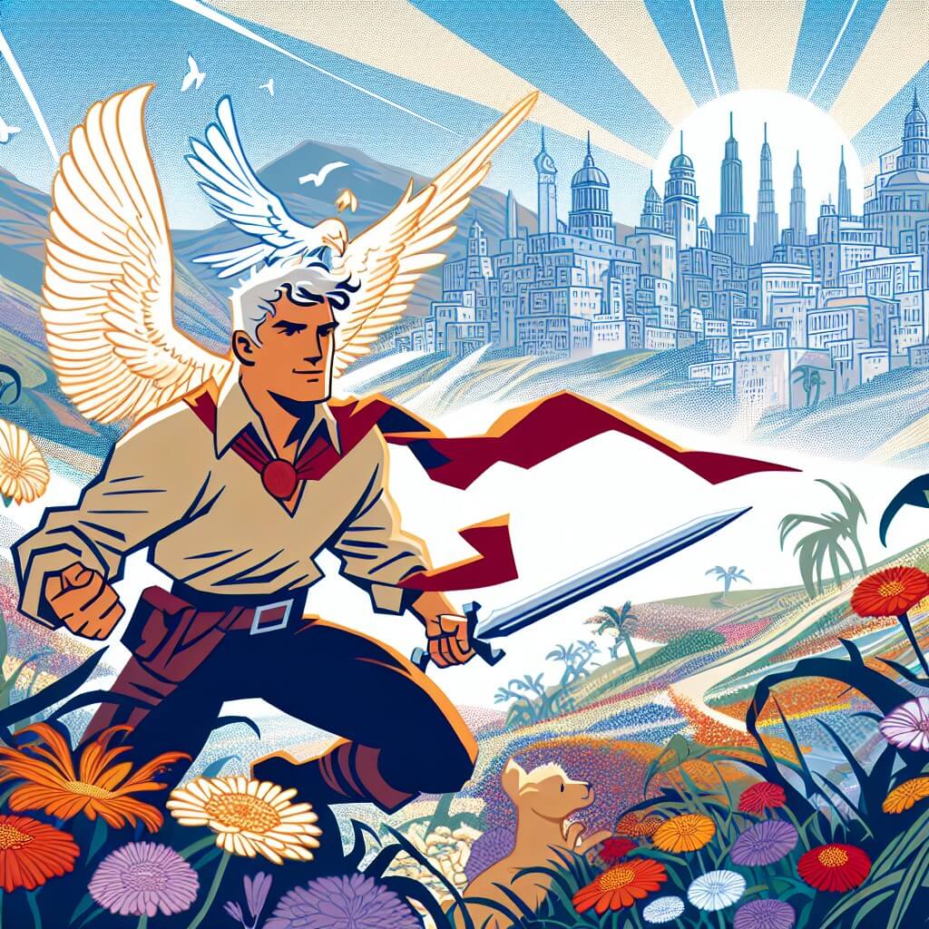 Une illustration destinée aux enfants représentant un homme courageux, doté de pouvoirs extraordinaires, luttant contre les forces du mal aux côtés de son fidèle ami, dans la magnifique ville de Miraflores, où les fleurs multicolores dansent au gré du vent et les bâtiments étincellent sous un ciel bleu éclatant.
